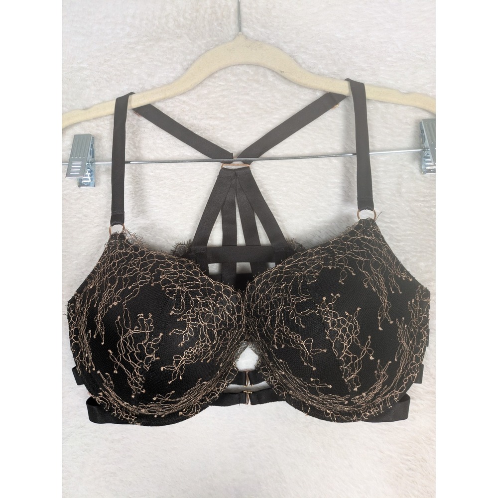 Victoria's Secret Push-Up Bra Women's 34DD Black Gold Lace Caged Strappy Back